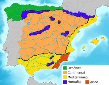 Map showing the main climate zones in Spain for retirees and expats
